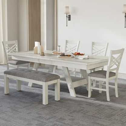 VECELO 6/8-Piece Dining Table Set with Bench, Solid Wood Rectangular Extendable Dining Table & 4 Solid Wood Dining Chairs