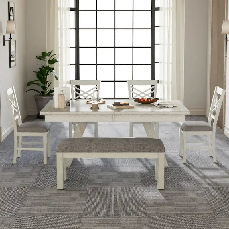 VECELO 6/8-Piece Dining Table Set with Bench, Solid Wood Rectangular Extendable Dining Table & 4 Solid Wood Dining Chairs