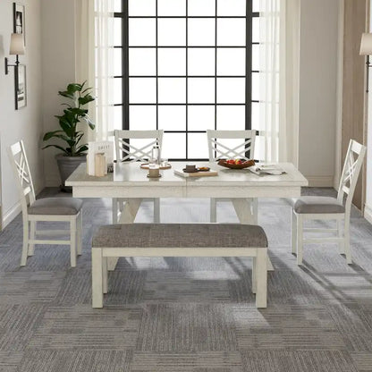 VECELO 6/8-Piece Dining Table Set with Bench, Solid Wood Rectangular Extendable Dining Table & 4 Solid Wood Dining Chairs
