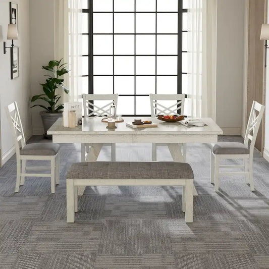 VECELO 6/8-Piece Dining Table Set with Bench, Solid Wood Rectangular Extendable Dining Table & 4 Solid Wood Dining Chairs