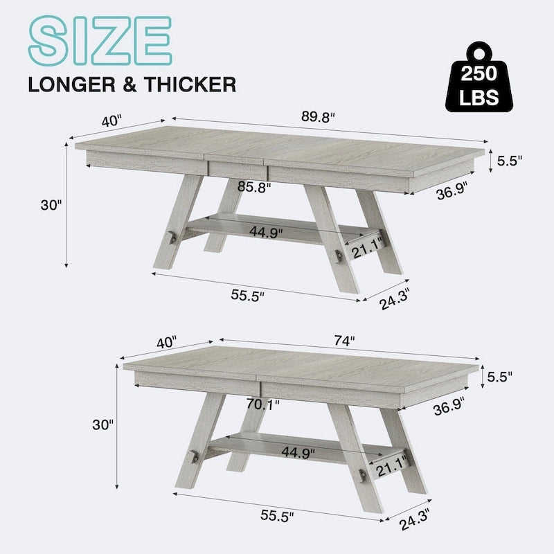 VECELO 6/8-Piece Dining Table Set with Bench, Solid Wood Rectangular Extendable Dining Table & 4 Solid Wood Dining Chairs