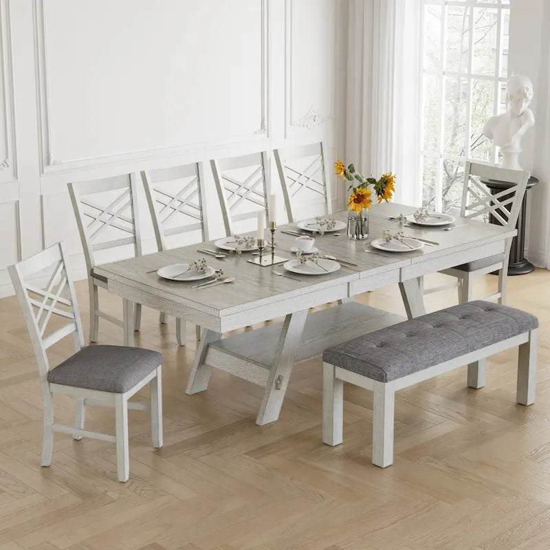 VECELO 6/8-Piece Dining Table Set with Bench, Solid Wood Rectangular Extendable Dining Table & 4 Solid Wood Dining Chairs
