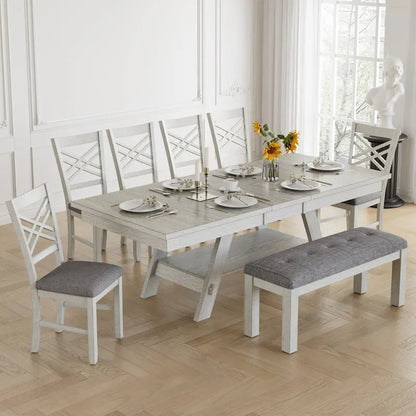 VECELO 6/8-Piece Dining Table Set with Bench, Solid Wood Rectangular Extendable Dining Table & 4 Solid Wood Dining Chairs