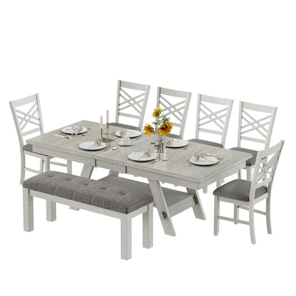 VECELO 6/8-Piece Dining Table Set with Bench, Solid Wood Rectangular Extendable Dining Table & 4 Solid Wood Dining Chairs