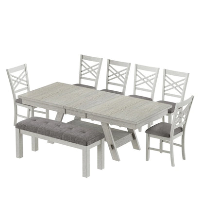 VECELO 6/8-Piece Dining Table Set with Bench, Solid Wood Rectangular Extendable Dining Table & 4 Solid Wood Dining Chairs