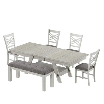 VECELO 6/8-Piece Dining Table Set with Bench, Solid Wood Rectangular Extendable Dining Table & 4 Solid Wood Dining Chairs