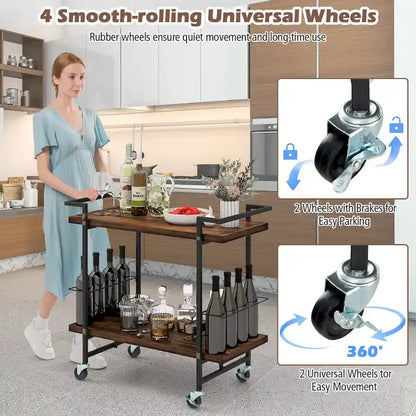 Gymax Home Bar Cart 2-tier Home Bar Cart w/ Lockable Wheels &