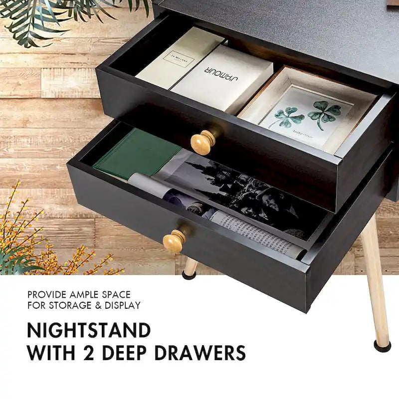 Costway Mid Century Modern 2 Drawers Nightstand Sofa Side Table End - See Details