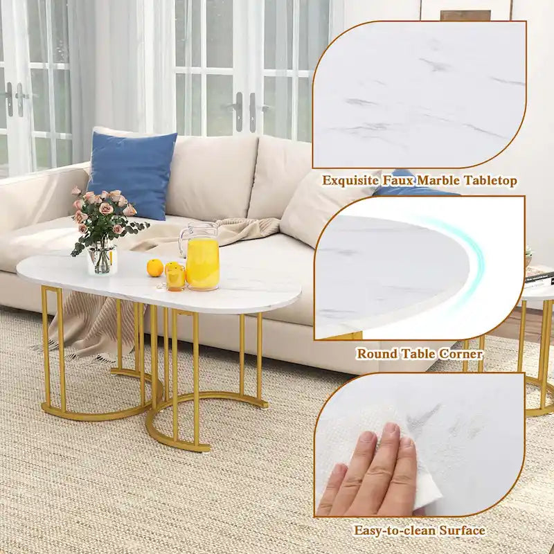 Costway Nesting Coffee Table Set of 3 with Faux Marble Tabletop & - See Details