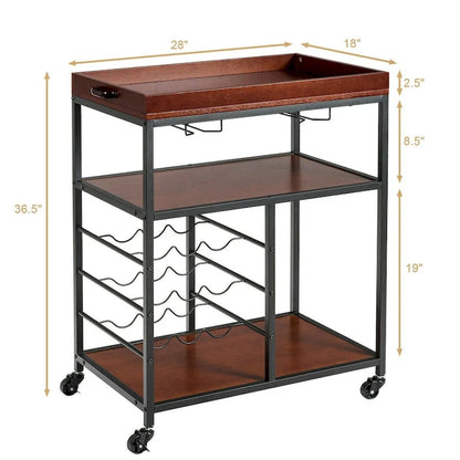Gymax 3 Tier Storage Kitchen Trolley Utility Bar Serving Cart w/Wine