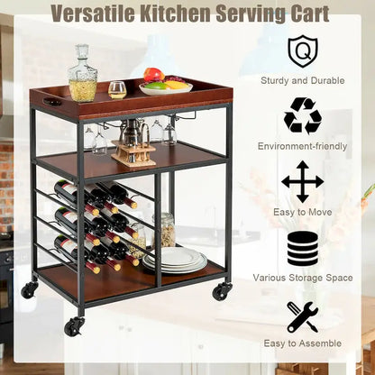 Gymax 3 Tier Storage Kitchen Trolley Utility Bar Serving Cart w/Wine
