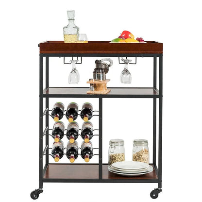 Gymax 3 Tier Storage Kitchen Trolley Utility Bar Serving Cart w/Wine