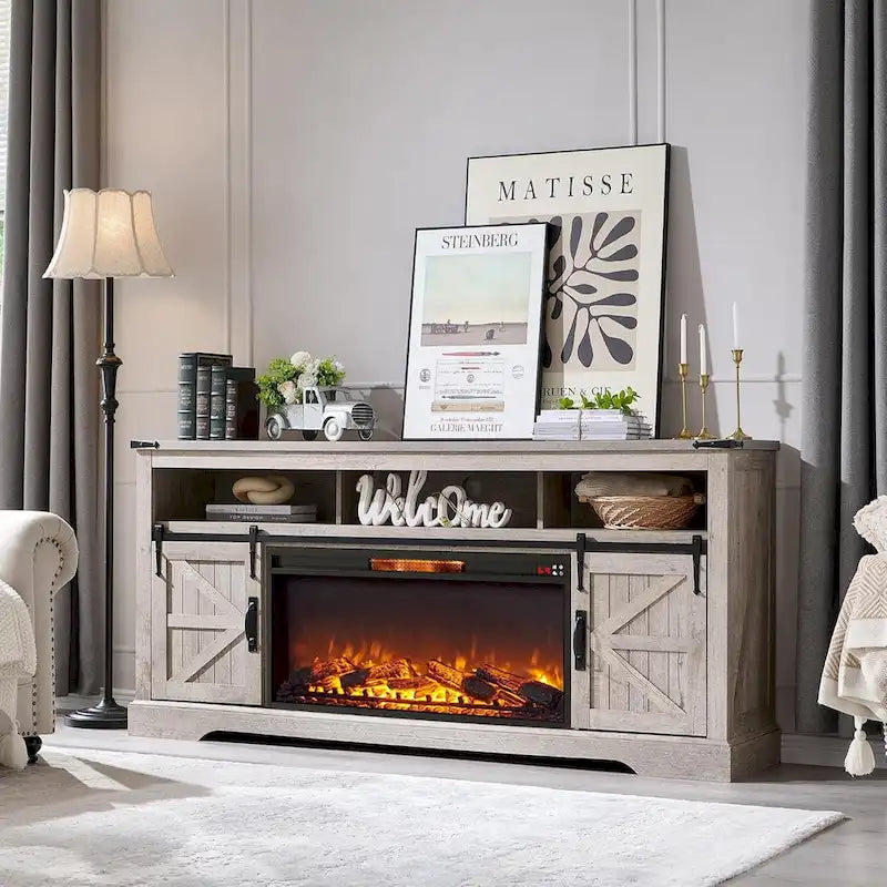 Farmhouse Fireplace TV Stand for 80  TV, Rustic Entertainment Center