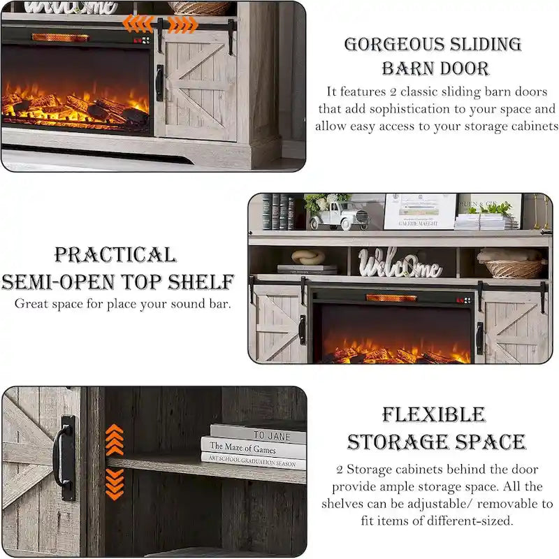Farmhouse Fireplace TV Stand for 80  TV, Rustic Entertainment Center