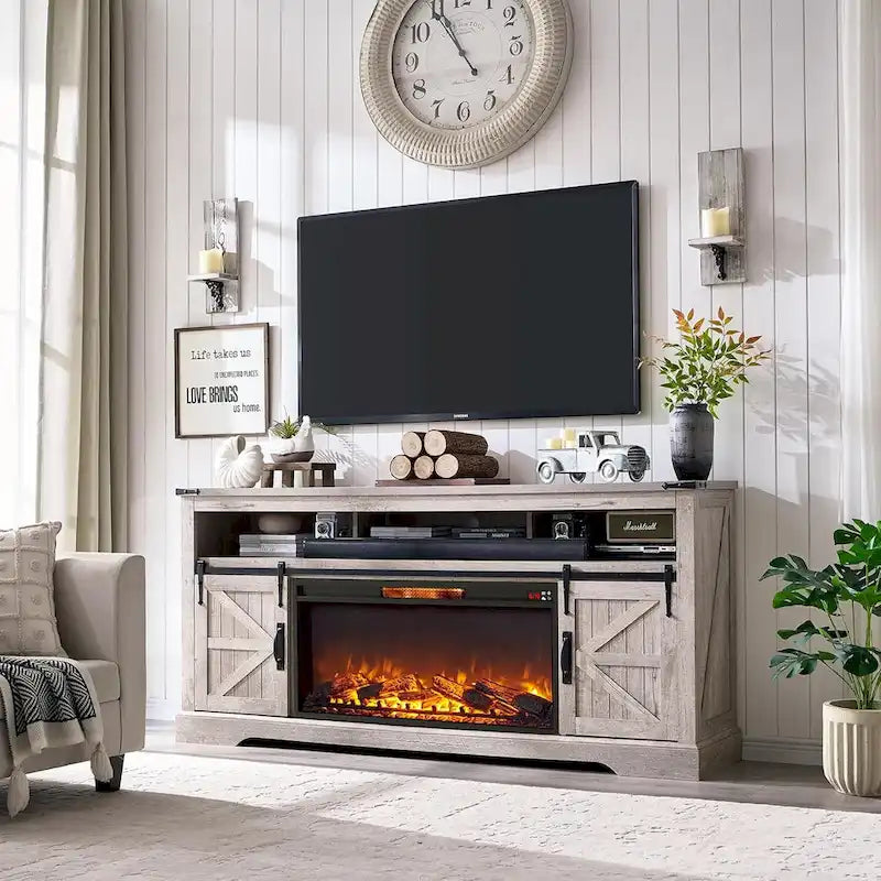 Farmhouse Fireplace TV Stand for 80  TV, Rustic Entertainment Center