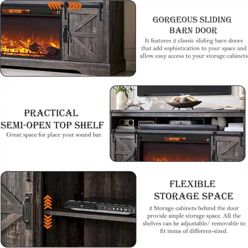 Farmhouse Fireplace TV Stand for 80  TV, Rustic Entertainment Center