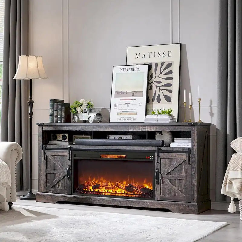 Farmhouse Fireplace TV Stand for 80  TV, Rustic Entertainment Center