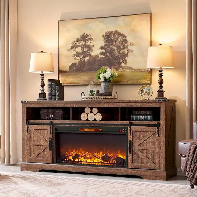 Farmhouse Fireplace TV Stand for 80  TV, Rustic Entertainment Center
