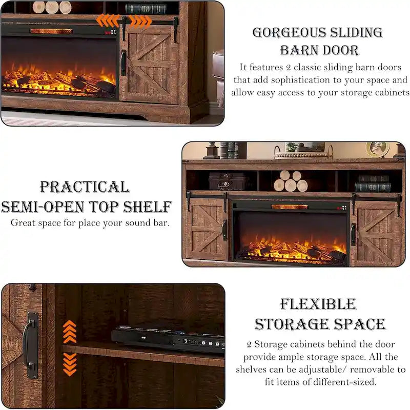 Farmhouse Fireplace TV Stand for 80  TV, Rustic Entertainment Center
