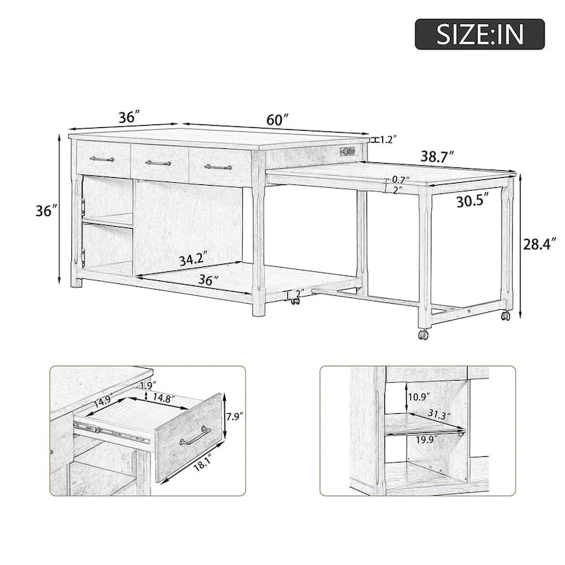 Mobile Kitchen Island, Extendable Table with USB Outlets and Storage