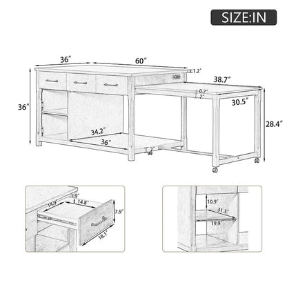 Mobile Kitchen Island, Extendable Table with USB Outlets and Storage