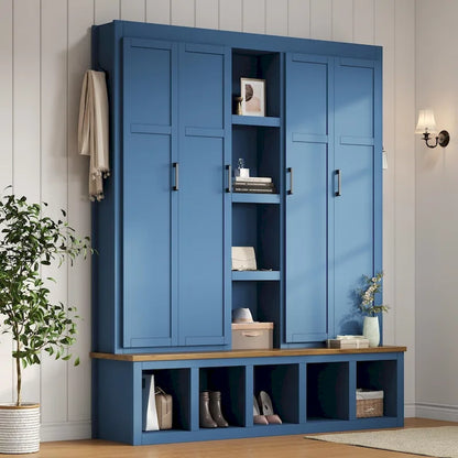 Farmhouse Hall Tree with Bench & 6 Hooks, 62.9 W Shoe Storage, Entryway Organizer for Mudroom, Living Room