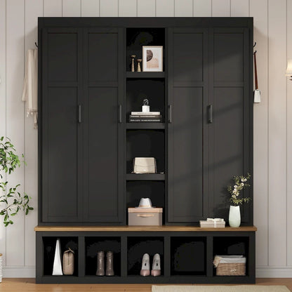 Farmhouse Hall Tree with Bench & 6 Hooks, 62.9 W Shoe Storage, Entryway Organizer for Mudroom, Living Room