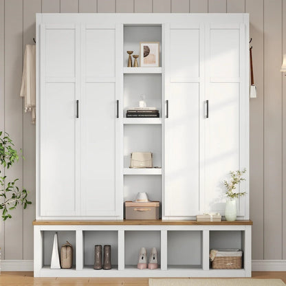 Farmhouse Hall Tree with Bench & 6 Hooks, 62.9 W Shoe Storage, Entryway Organizer for Mudroom, Living Room