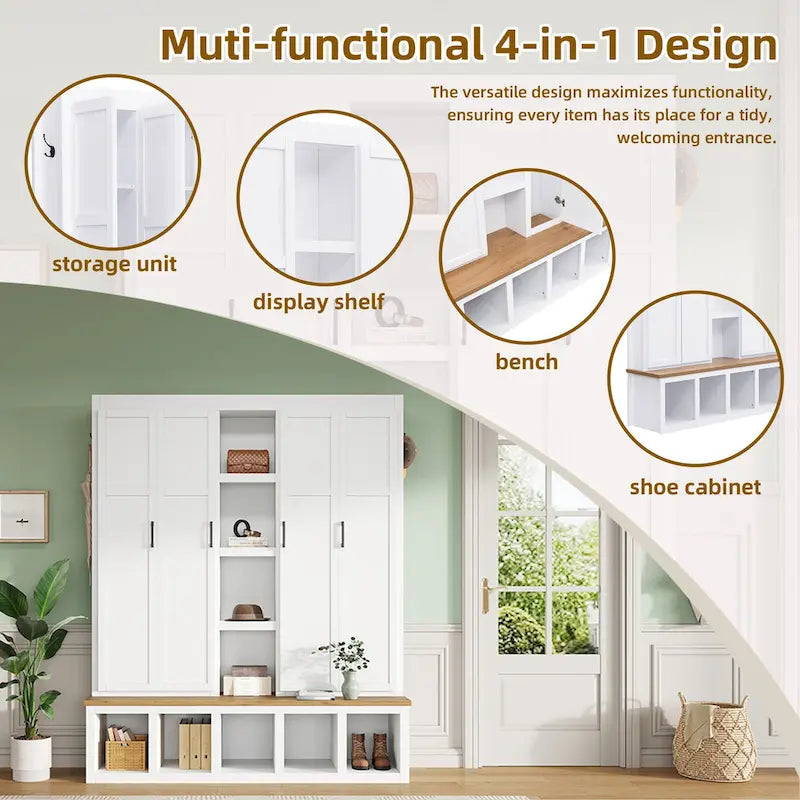 Farmhouse Hall Tree with Bench & 6 Hooks, 62.9 W Shoe Storage, Entryway Organizer for Mudroom, Living Room