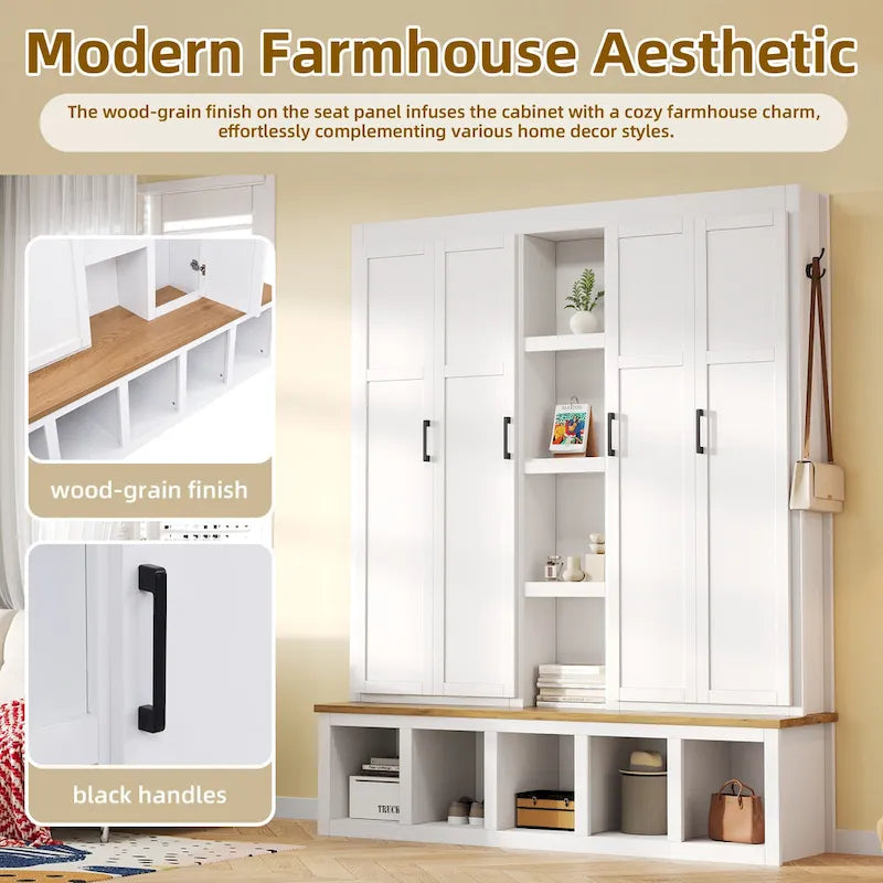 Farmhouse Hall Tree with Bench & 6 Hooks, 62.9 W Shoe Storage, Entryway Organizer for Mudroom, Living Room