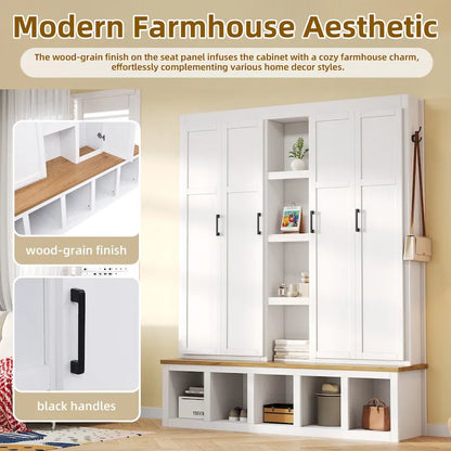 Farmhouse Hall Tree with Bench & 6 Hooks, 62.9 W Shoe Storage, Entryway Organizer for Mudroom, Living Room