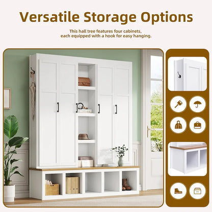 Farmhouse Hall Tree with Bench & 6 Hooks, 62.9 W Shoe Storage, Entryway Organizer for Mudroom, Living Room