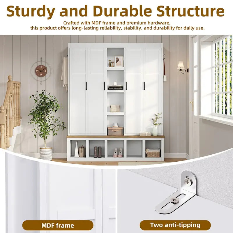 Farmhouse Hall Tree with Bench & 6 Hooks, 62.9 W Shoe Storage, Entryway Organizer for Mudroom, Living Room