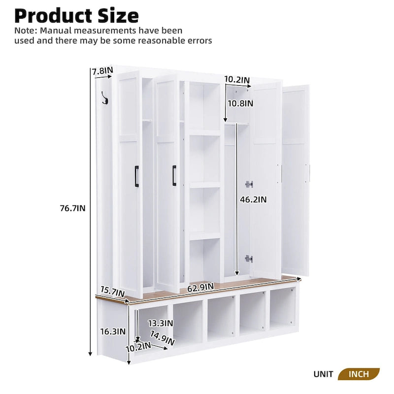 Farmhouse Hall Tree with Bench & 6 Hooks, 62.9 W Shoe Storage, Entryway Organizer for Mudroom, Living Room