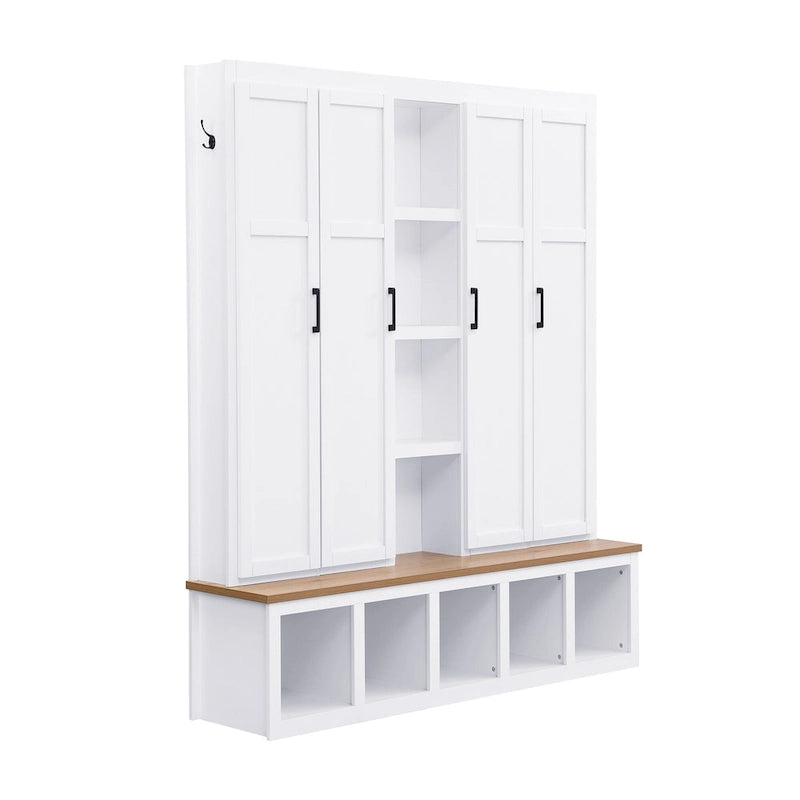 Farmhouse Hall Tree with Bench & 6 Hooks, 62.9 W Shoe Storage, Entryway Organizer for Mudroom, Living Room