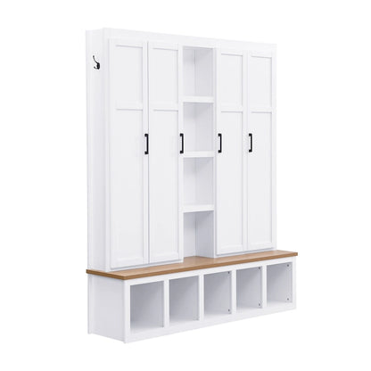 Farmhouse Hall Tree with Bench & 6 Hooks, 62.9 W Shoe Storage, Entryway Organizer for Mudroom, Living Room