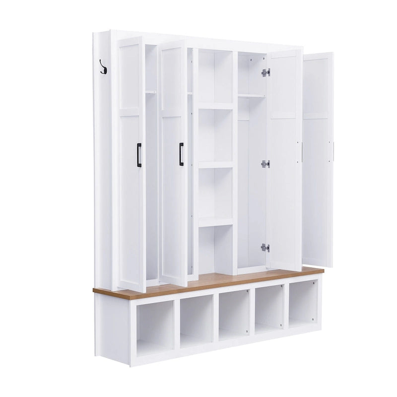 Farmhouse Hall Tree with Bench & 6 Hooks, 62.9 W Shoe Storage, Entryway Organizer for Mudroom, Living Room