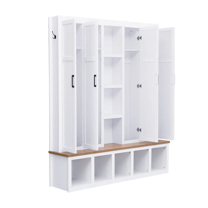 Farmhouse Hall Tree with Bench & 6 Hooks, 62.9 W Shoe Storage, Entryway Organizer for Mudroom, Living Room
