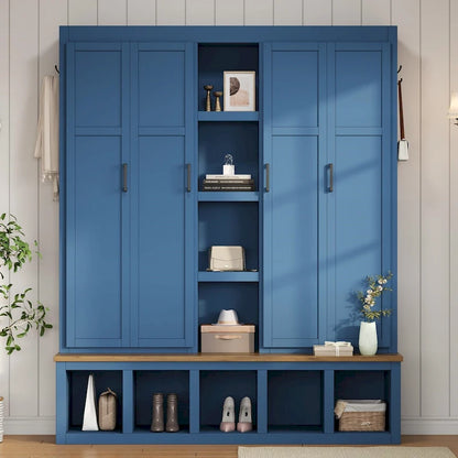 Farmhouse Hall Tree with Bench & 6 Hooks, 62.9 W Shoe Storage, Entryway Organizer for Mudroom, Living Room