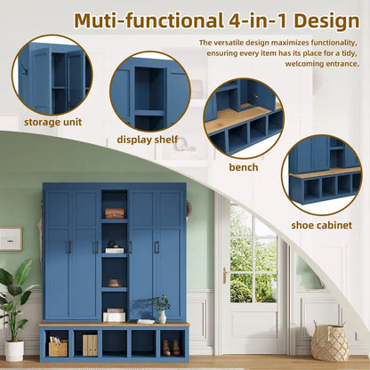 Farmhouse Hall Tree with Bench & 6 Hooks, 62.9 W Shoe Storage, Entryway Organizer for Mudroom, Living Room