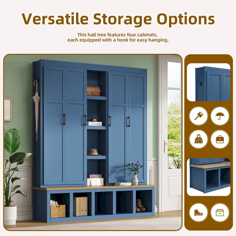 Farmhouse Hall Tree with Bench & 6 Hooks, 62.9 W Shoe Storage, Entryway Organizer for Mudroom, Living Room