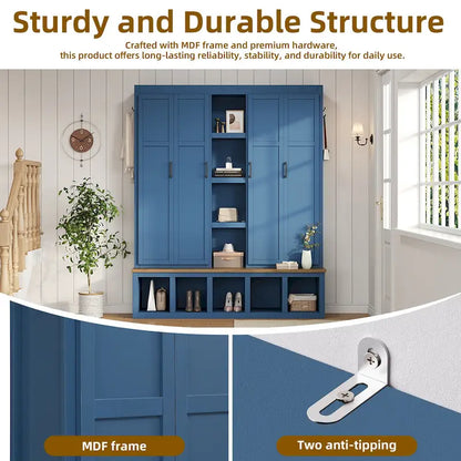Farmhouse Hall Tree with Bench & 6 Hooks, 62.9 W Shoe Storage, Entryway Organizer for Mudroom, Living Room