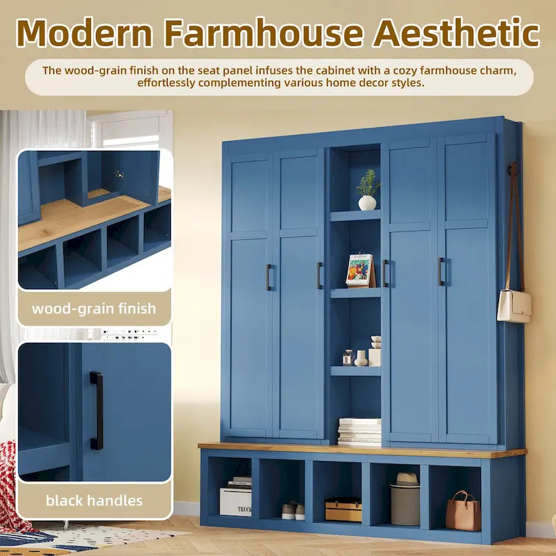 Farmhouse Hall Tree with Bench & 6 Hooks, 62.9 W Shoe Storage, Entryway Organizer for Mudroom, Living Room