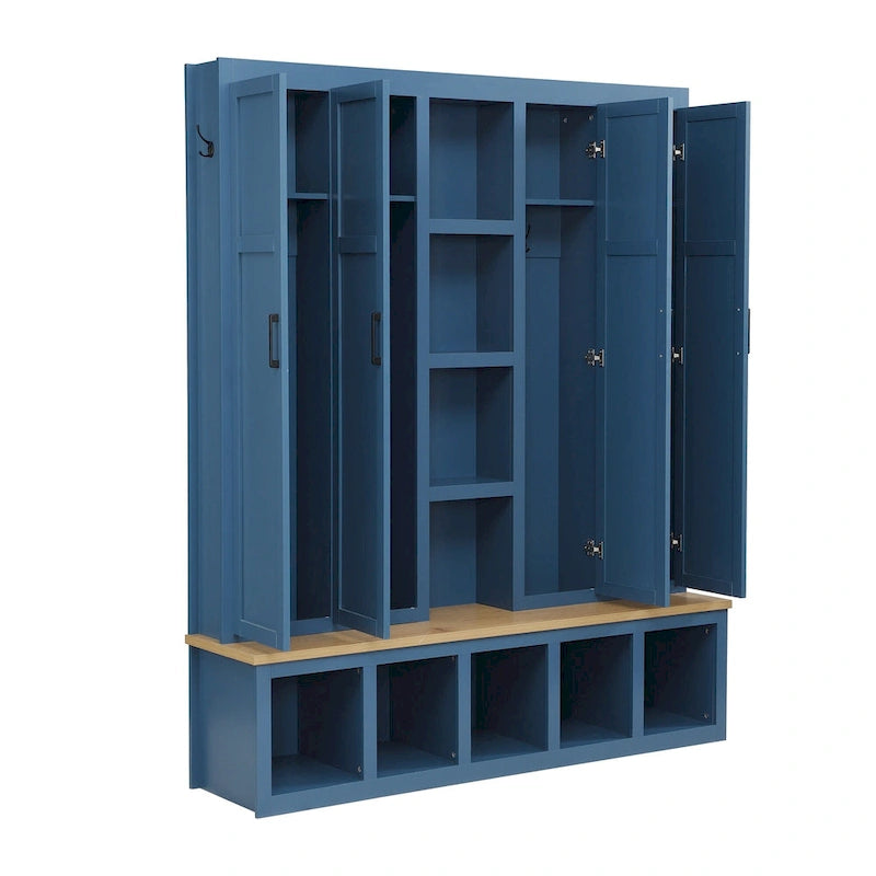 Farmhouse Hall Tree with Bench & 6 Hooks, 62.9 W Shoe Storage, Entryway Organizer for Mudroom, Living Room
