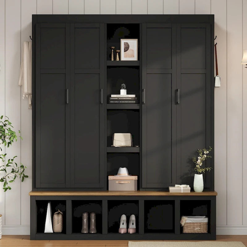 Farmhouse Hall Tree with Bench & 6 Hooks, 62.9 W Shoe Storage, Entryway Organizer for Mudroom, Living Room