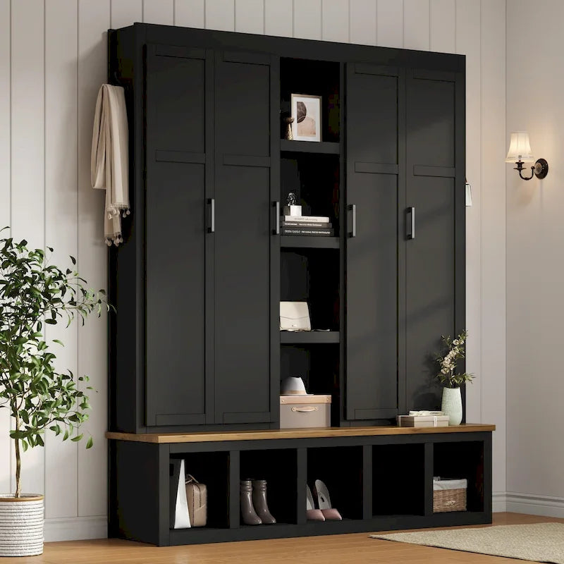 Farmhouse Hall Tree with Bench & 6 Hooks, 62.9 W Shoe Storage, Entryway Organizer for Mudroom, Living Room