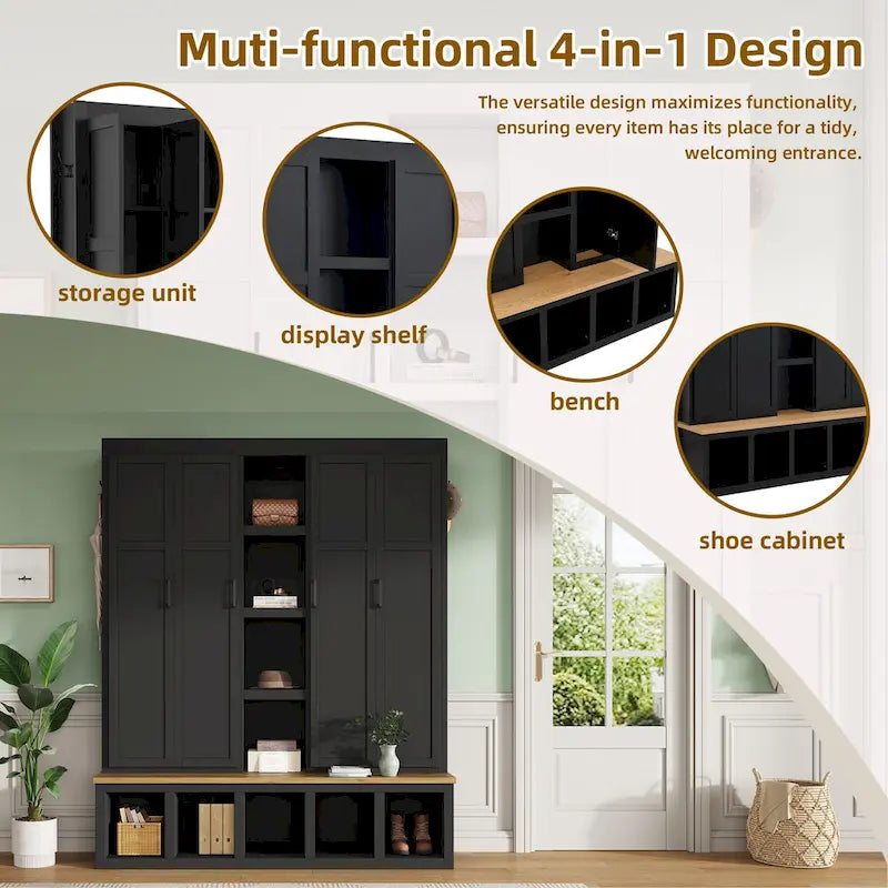 Farmhouse Hall Tree with Bench & 6 Hooks, 62.9 W Shoe Storage, Entryway Organizer for Mudroom, Living Room