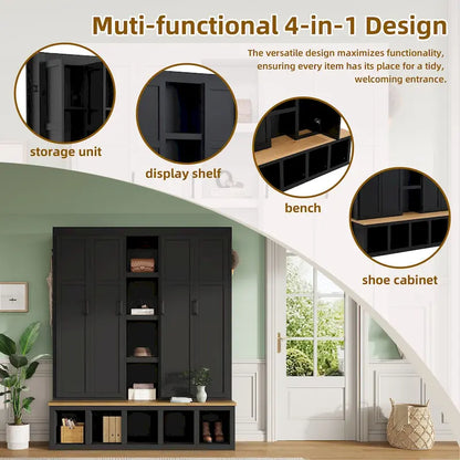 Farmhouse Hall Tree with Bench & 6 Hooks, 62.9 W Shoe Storage, Entryway Organizer for Mudroom, Living Room