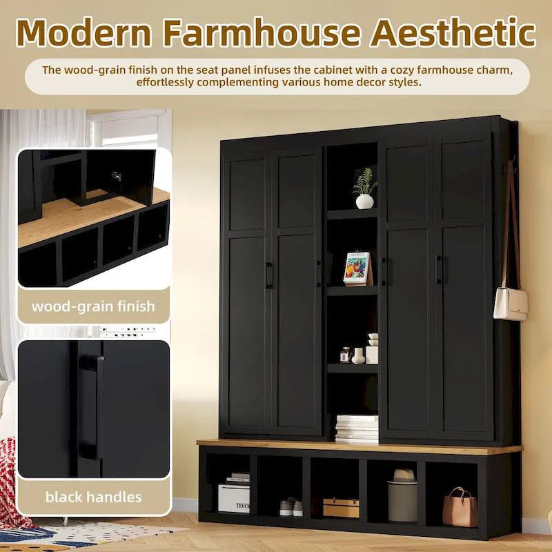 Farmhouse Hall Tree with Bench & 6 Hooks, 62.9 W Shoe Storage, Entryway Organizer for Mudroom, Living Room