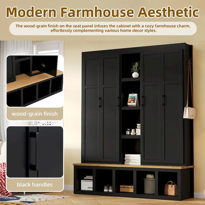 Farmhouse Hall Tree with Bench & 6 Hooks, 62.9 W Shoe Storage, Entryway Organizer for Mudroom, Living Room